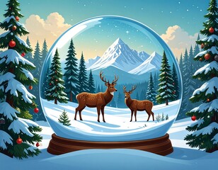 A whimsical winter scene depicting two deer inside a snow globe, with snowy mountains, pine trees, and a festive atmosphere