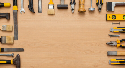 Assorted tools forming frame on wooden surface with empty copy space
