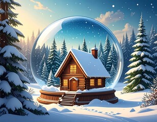 A whimsical winter scene inside a glass globe features a cozy cabin nestled among snowy pines, bathed in warm light