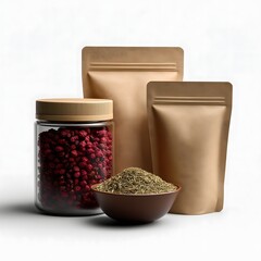 Three foil tea bags in natural brown kraft stand-up pouches on white background