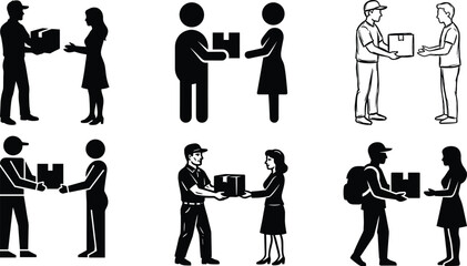 Package exchange icons showing diverse delivery interactions between people in silhouette and stylized formats for logistics themes