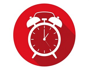 A white alarm clock illustration on a red circle background. The clock features hands, bells, and legs. A simple flat design