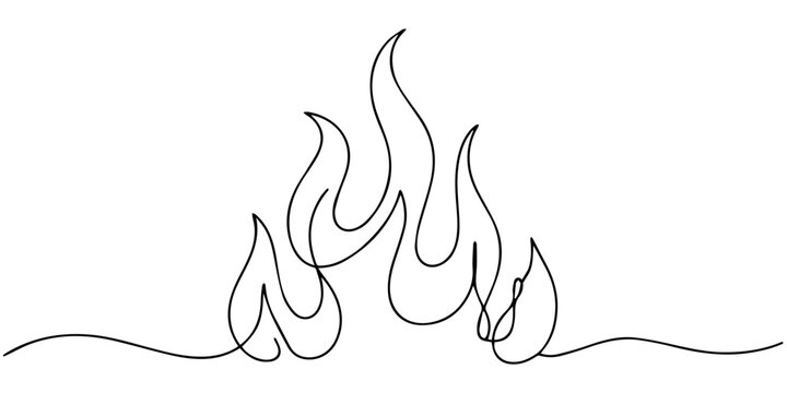 Fire icon in continuous one line drawing with minimalist style isolated outline illustration design. one line Icon drawing, Continuous one line drawing of a fire flame alongside a standard outline