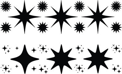 PrintBlack silhouette set of various sparkling stars and celestial shapes, perfect for magic themes, night sky decorations, and festive designs, © Creatives World