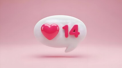 3d Social Media Notification Bubble with Pink Heart and Number 14 on Pink Background