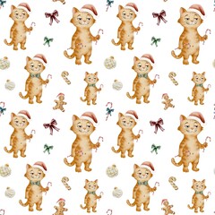 Fototapeta premium Watercolor pattern design featuring cats with holiday accessories and festive themes