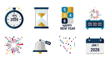 New Year 2026 celebration icons: countdown, hourglass, calendar, fireworks, bell, confetti