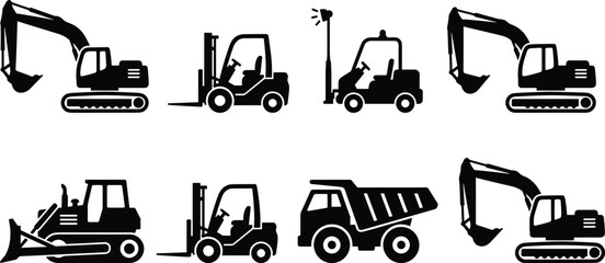 PrintSet of black construction machinery silhouettes including excavator, forklift, bulldozer, and dump truck for industrial site icons on white background © Creatives World