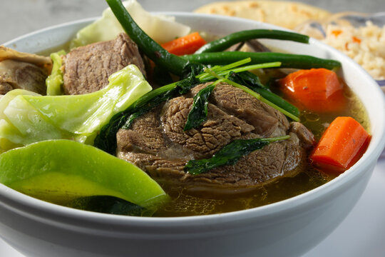 A closeup view of a bowl of caldo de res.