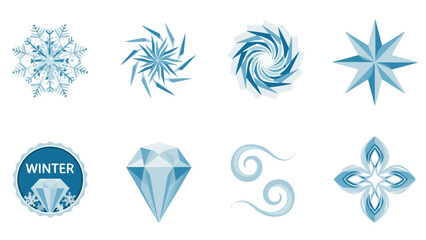 Collection of abstract winter themed icons and symbols in shades of blue