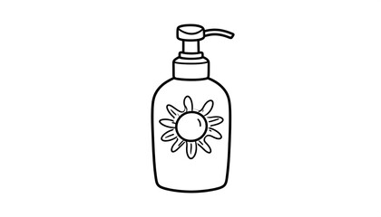 Black and white illustration of a pump bottle decorated with a sun icon, likely dispensing skincare or lotion