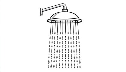 Black and white illustration of a showerhead releasing water droplets against a white background