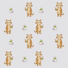 Fototapeta premium Whimsical watercolor pattern of playful cats and flowers on a white background