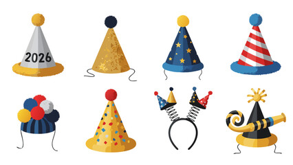 Collection of festive party hats and headbands for celebrations and New Year's Eve