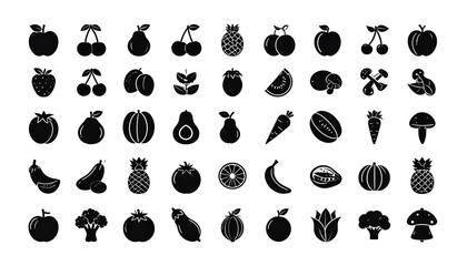 Black silhouette icons of various fruits and vegetables arranged in rows and columns on a white background