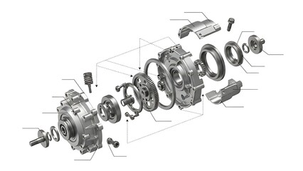 exploded view of a mechanical gearbox assembly with labeled parts and components