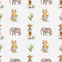 Fototapeta premium Watercolor pattern with animals and plants on a white background for textile and packaging use