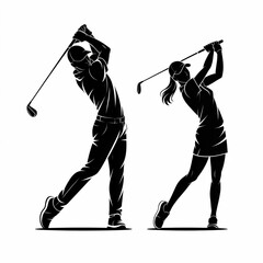 Naklejka premium Minimalist golf silhouette vector, dynamic male-female swing poses, high-contrast black-white line-art, geometric strokes, 8k clean background, commercial premium sports icon illustration.