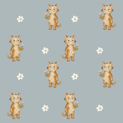 Fototapeta premium Cute cats holding flowers on a grey background in a patterned design for fabric and wallpaper use