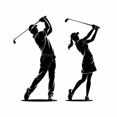 Naklejka premium Minimalist golf silhouette vector, dynamic male-female swing poses, high-contrast black-white line-art, geometric strokes, 8k clean background, commercial premium sports icon illustration.
