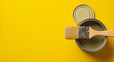 Minimal paint brush and open can on bright yellow background with copy space