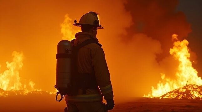 Brave firefighter in protective gear standing in front of blazing fire
