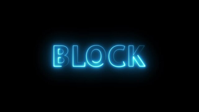Neon text animation on black background.  Block -glowing neon text animation. Neon text letter animation.