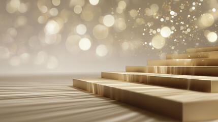 A series of golden steps lead upwards, illuminated by soft, diffused light. Bokeh effects create a shimmering backdrop, adding depth and texture to the scene. The setting suggests elegance and