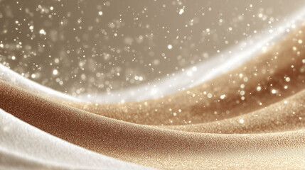 Soft waves of fabric in cream and gold create a gentle visual flow. Tiny particles of light shimmer in the background, adding a delicate sparkle. The overall scene suggests a tranquil ambiance and