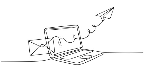 Fototapeta premium Laptop with envelope and paper plane continuous line drawing. Send message concept. Vector illustration isolated on white, Continuous one line drawing of Notebook connected with paper plane. Laptop