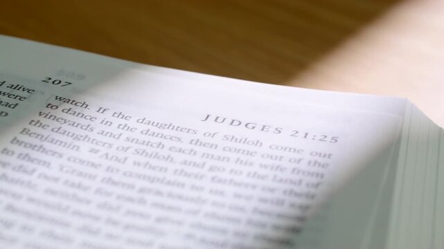 Close up view of a modern English Bible as pages turn from Judges toward Ruth. Crisp printed text, smooth page movement, and soft lighting ideal for faith, study, worship, and educational media