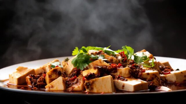 Steaming hot mapo tofu dish with chili and cilantro, close-up on dark background