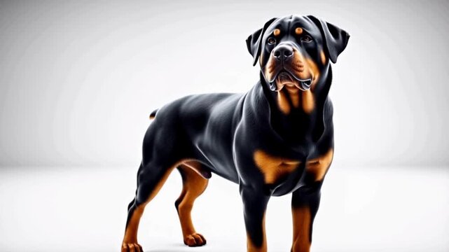 Ultra-Realistic Cinematic Studio Video of a Powerful Rottweiler Dog. Standing, Trotting, and Close-Up Portrait on Pure White Seamless Background with Premium Lighting