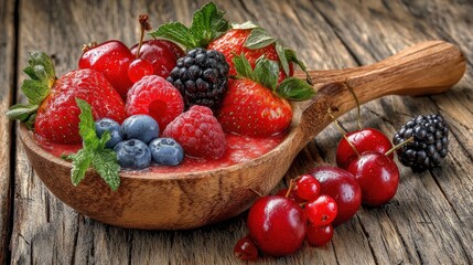 Assortment of fresh summer berries rests in a rustic wooden spoon filled with puree