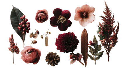 Moody autumn wedding flatlay with burgundy floral elements elegant stationery rings seasonal textures styled arrangement on white background