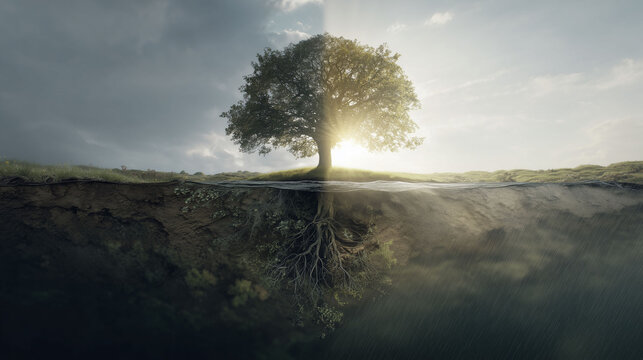 A large tree stands above ground, its roots clearly visible extending into the dark soil. Sunlight breaks through the clouds, illuminating the tree while highlighting the soil structure beneath