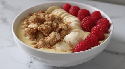 Creamy dessert layered with custard, sliced fruit, and crumbly topping served in a white bowl