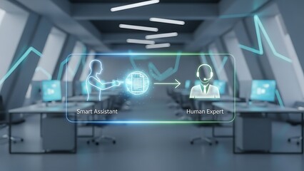 Smart assistant and human expert collaboration in a modern office environment with futuristic interface