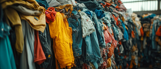 Brightly coloured items hanging on hangers in a confined space illustrate the chaos of clothing overproduction, which is relevant to the discussion of  