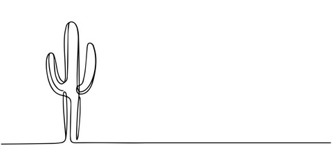 Long cactus continuous one line drawing, Long cactus as one line drawing banner. Continuous hand drawn minimalist minimalism design isolated on white background vector illustration. © Parboti