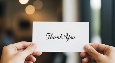 Hands holding thank you card with elegant script over blurred background
