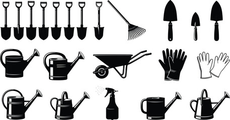 Black gardening tool silhouette collection with watering cans shovels rakes wheelbarrow and gloves vector set for garden landscaping outdoor design, © Creative Mind