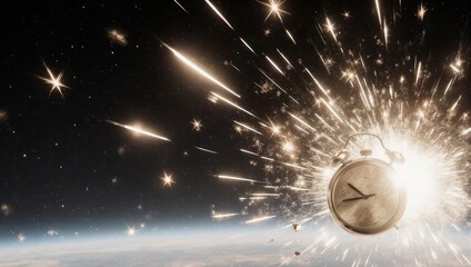 Cosmic explosion of a timepiece floating in orbit above planet Earth.