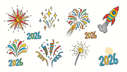 Obraz premium Happy New Year 2026 celebration with fireworks and rocket illustrations