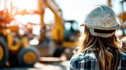 Female worker wearing protective headgear observes heavy machinery at a bright outdoor site