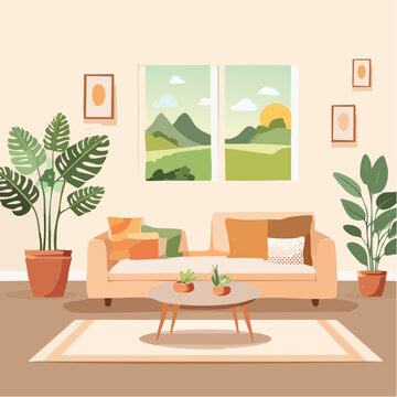 Illustration vectorielle d&rsquo;int&eacute;rieur minimaliste, style Scandinave, formes simples, palette neutre