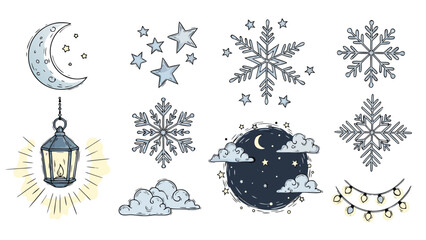 Collection of winter and night sky elements with a lantern and string lights