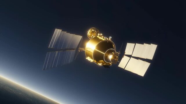 Golden communication satellite deploying solar panels in Earth orbit at golden hour
