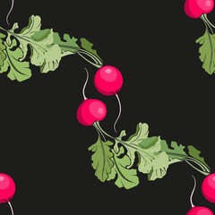 Seamless pattern with radishes on black. Vector food background. Perfect for design templates, wallpaper, wrapping, fabric, print and textile.