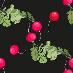 Radish on black background. Hand drawn seamless pattern. Vector illustration, ready-made design for textiles and printing.